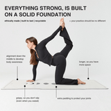 The main points of the OLIE pilates, yoga and workout mats. Text describing how everything strong is built on a solid foundation, with the key points of the mat, such as the alignment, the grip, the padding and the larger size of the yoga mat. 